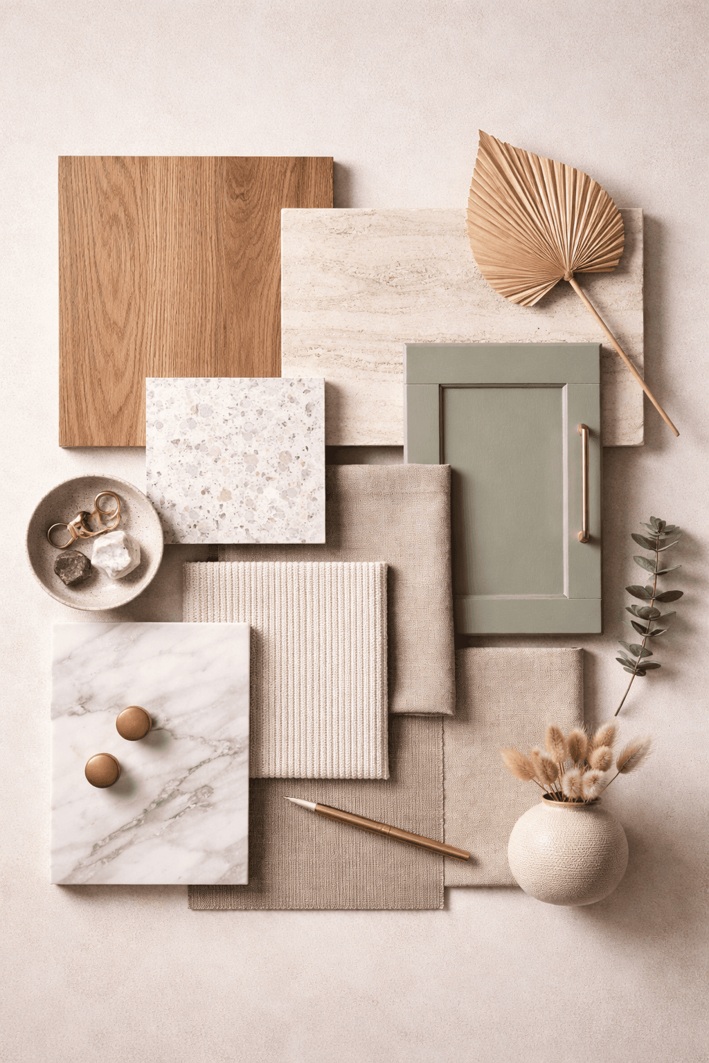 Amostras de acabamento — madeira, mármore, porcelanato