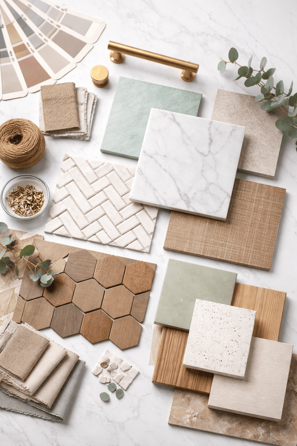 Material samples — marble, wood, tiles