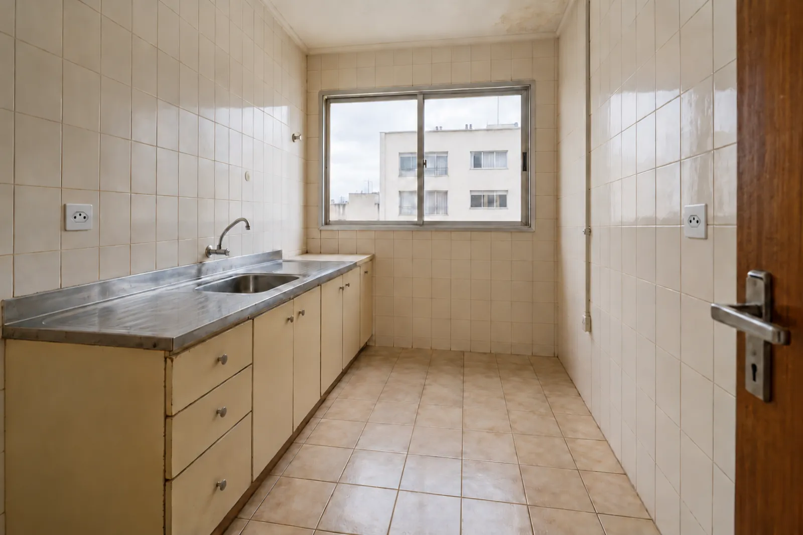 Cozinha vazia antes da reforma, com azulejo antigo, armário de fórmica e pia de inox simples.