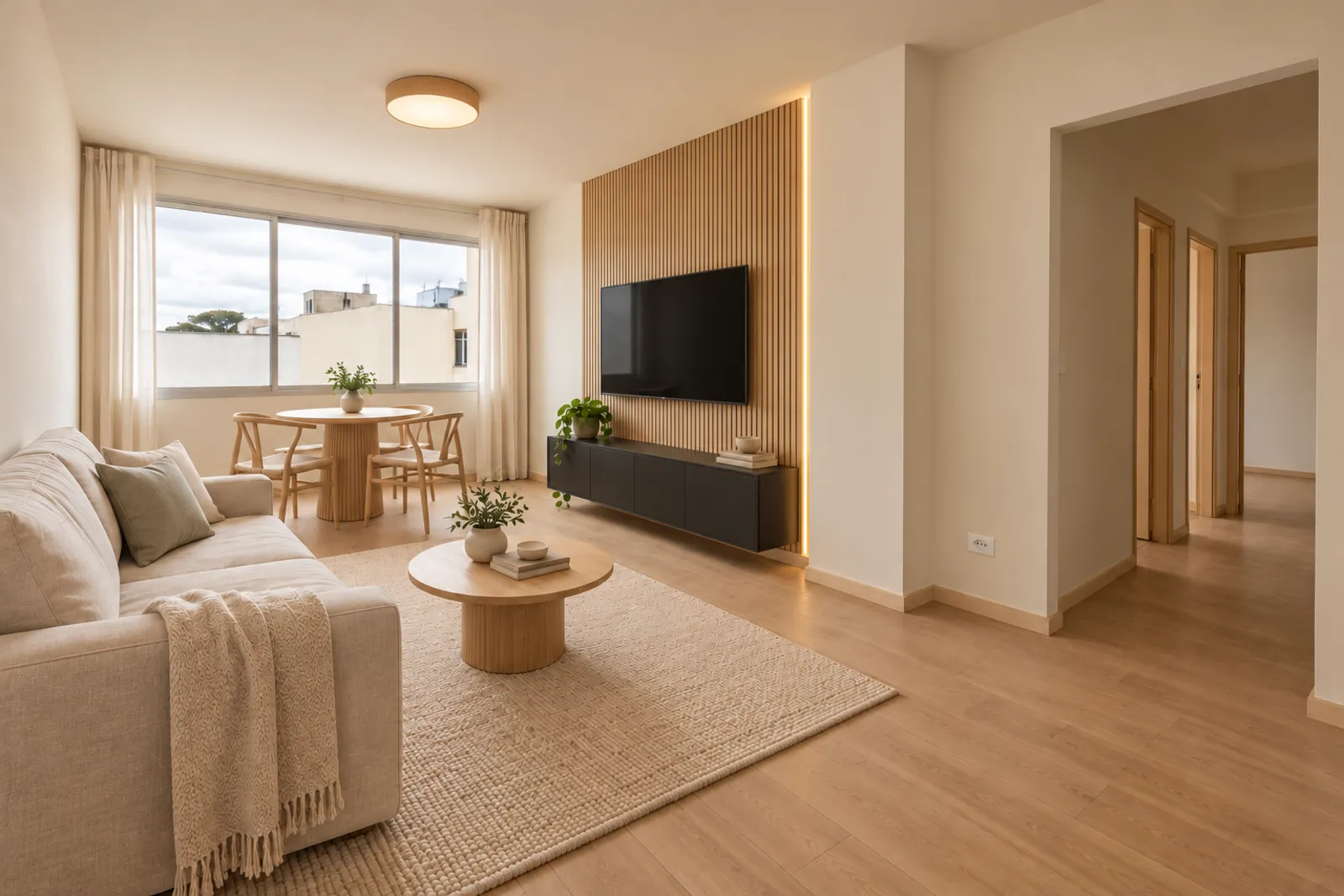 A mesma sala depois da reforma, com piso amadeirado claro, cortina de linho e mobiliário de home staging.