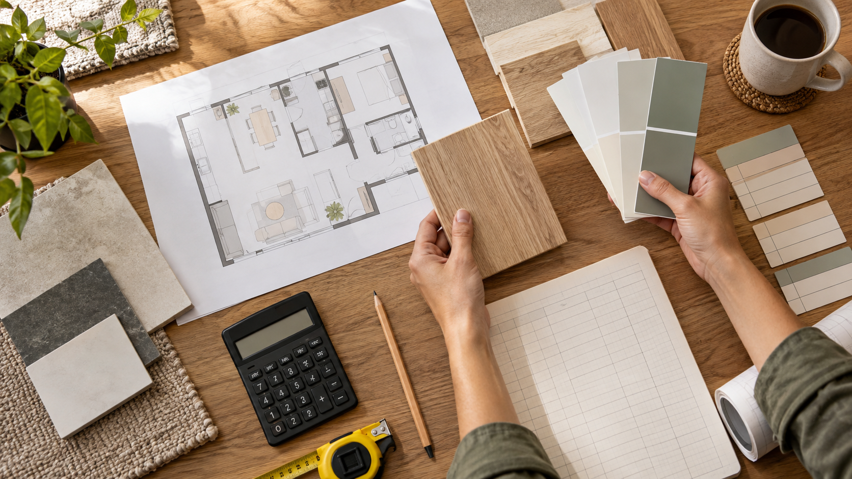 Planejamento de materiais, orçamento e cronograma sobre uma mesa.