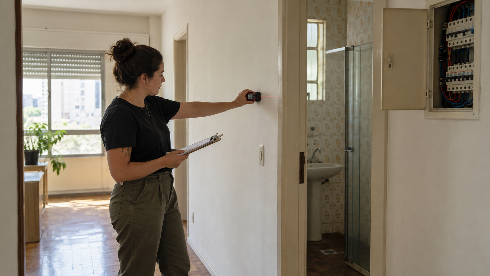 Profissional realiza o levantamento técnico de um apartamento antes da reforma.