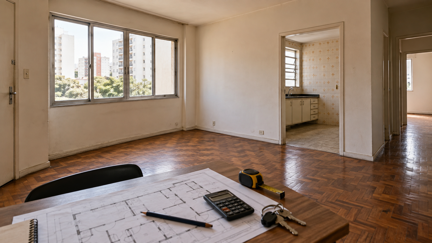 Apartamento antes da reforma, com piso de madeira e mesa com planta, calculadora e chaves.