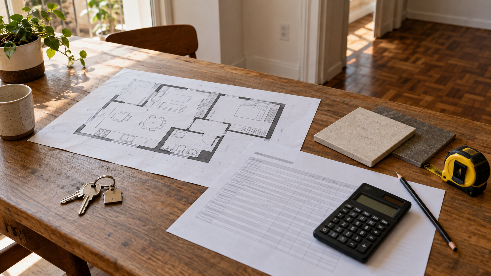 Planta de apartamento, calculadora, orçamento e amostras de revestimento sobre uma mesa.